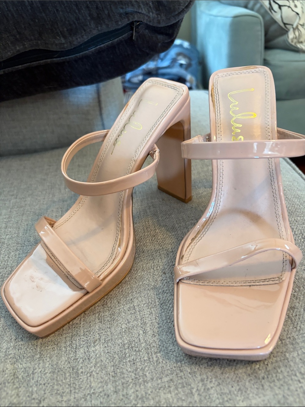 Lulu's Blush Patent Square-Toe Block Heel Sandals